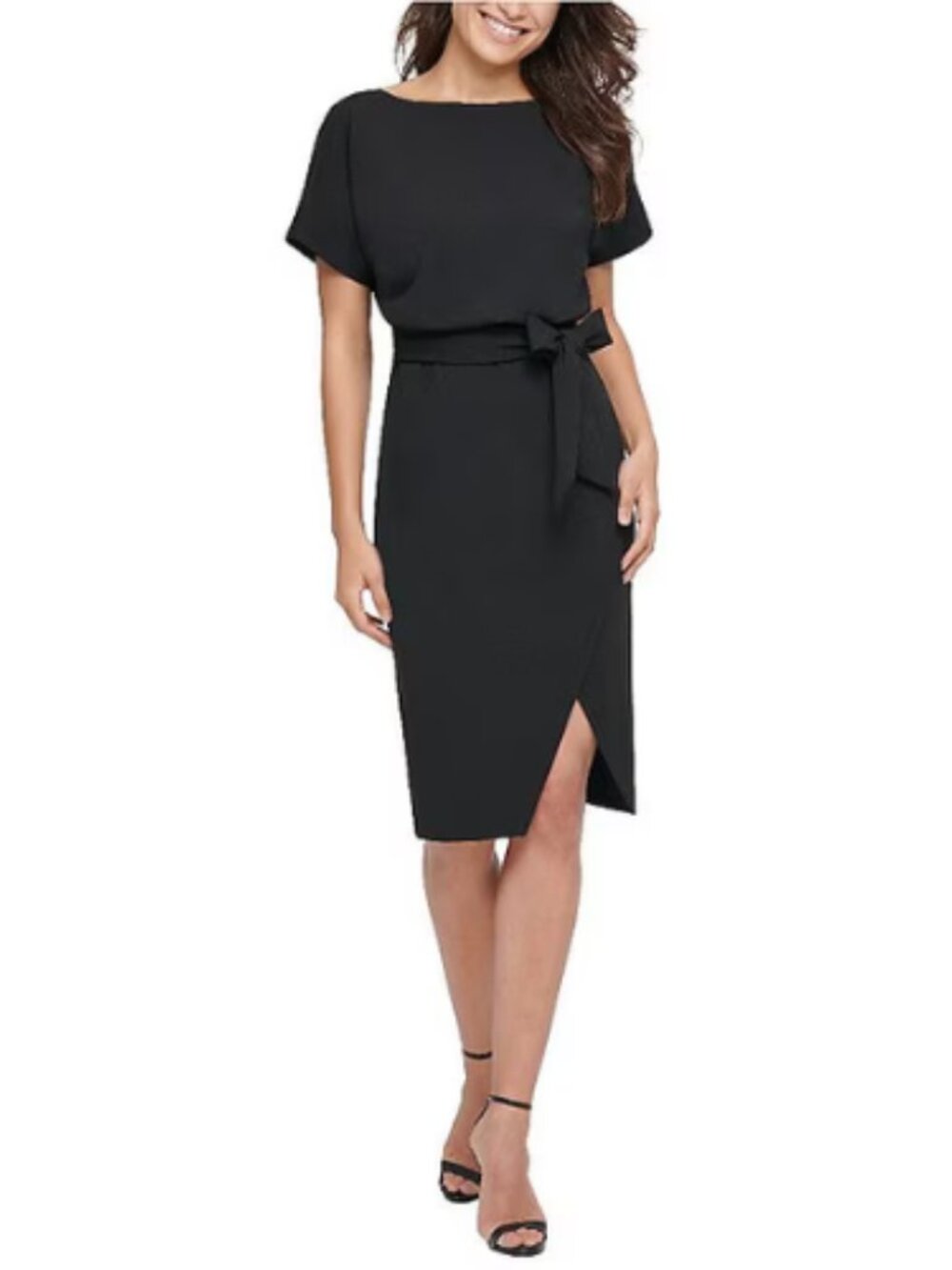 Kensie Black Blouson Faux Wrap Top Knee Length Dress Tie Waist Size 10
